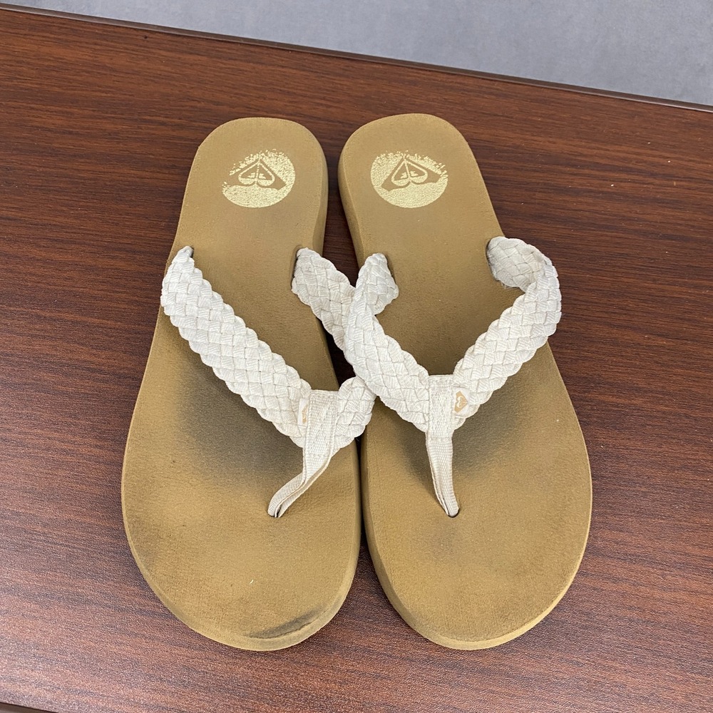 Y2K Roxy Porto Womens Sandals Beige White Braided Strap Comfort Flip Flop Thong